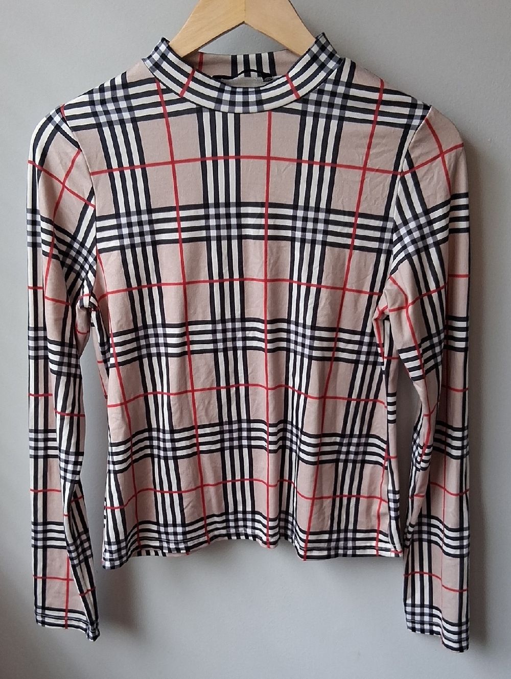 Plaid Long-Sleeve Mock Neck Top in Peach